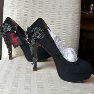 Hades Black pumps, stacked Heels with Steampunk vibes & Silver Embellishments